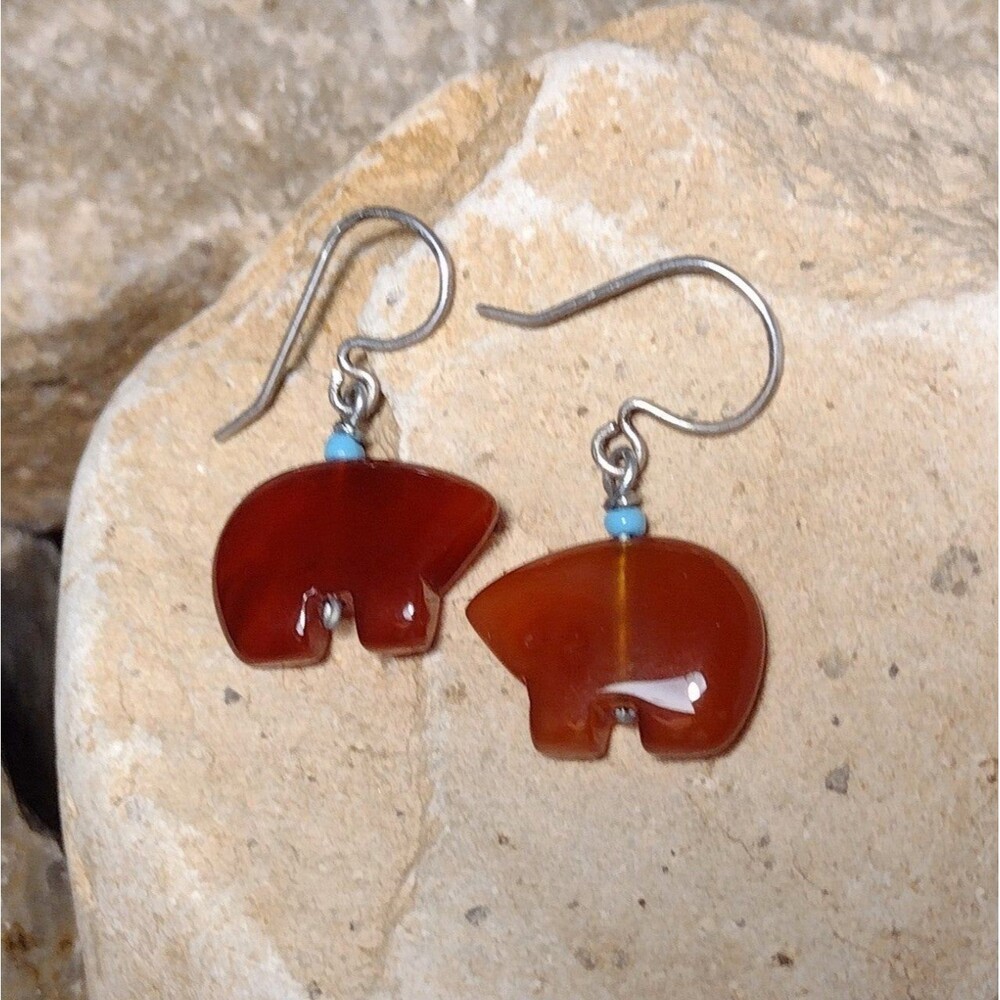 Fetish Bear Carnelian Stone Sterling Silver Dangle Earrings Vintage - Picture 12 of 12